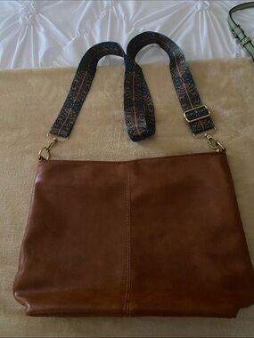 Vegan Leather Crossbody Messenger Bag in Brown with Patterned guitar strap